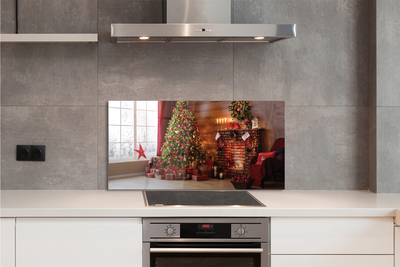 Painel de vidro Árvores de Natal, presentes, decorações, lareira