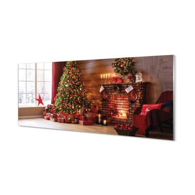 Painel de vidro Árvores de Natal, presentes, decorações, lareira