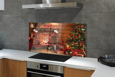 Painel de vidro Árvores de Natal, presentes, decorações, lareira