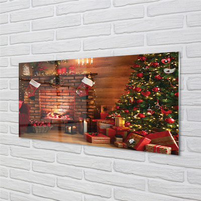Painel de vidro Árvores de Natal, presentes, decorações, lareira