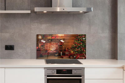 Painel de vidro Árvores de Natal, presentes, decorações, lareira