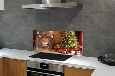 Painel de vidro Lareira, árvore de Natal, presentes, luzes