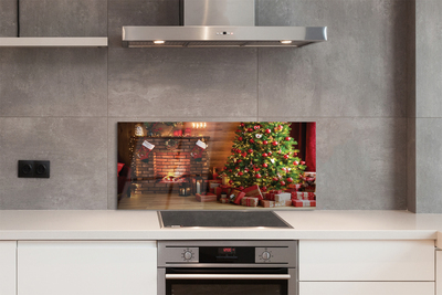 Painel de vidro Lareira, árvore de Natal, presentes, luzes