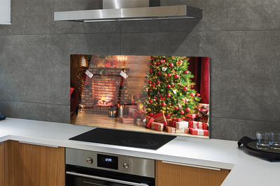 Painel de vidro Lareira, árvore de Natal, presentes, luzes