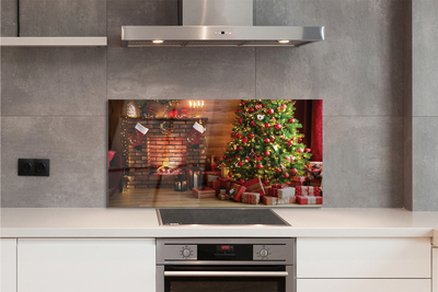 Painel de vidro Lareira, árvore de Natal, presentes, luzes