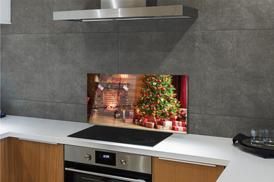 Painel de vidro Lareira, árvore de Natal, presentes, luzes