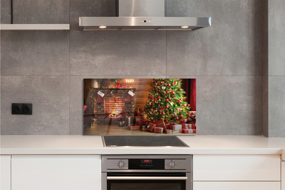 Painel de vidro Lareira, árvore de Natal, presentes, luzes