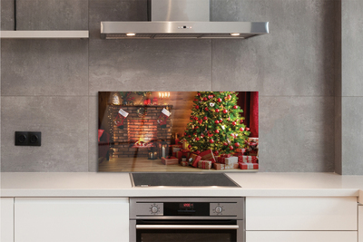 Painel de vidro Lareira, árvore de Natal, presentes, luzes