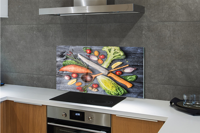 Painel de vidro Faca batata doce espinafre tomate