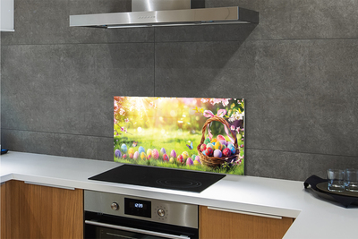 Painel de vidro cesta de ovos, flores, prado