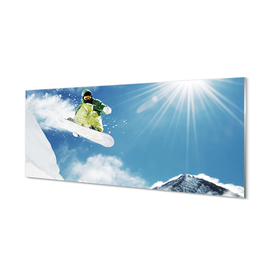 Painel de vidro Homem de snowboard nas montanhas
