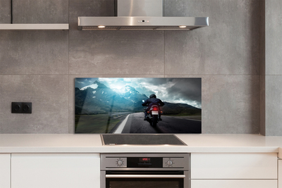 Painel de vidro Motocicleta montanhas estrada homem céu