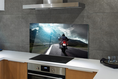 Painel de vidro Motocicleta montanhas estrada homem céu