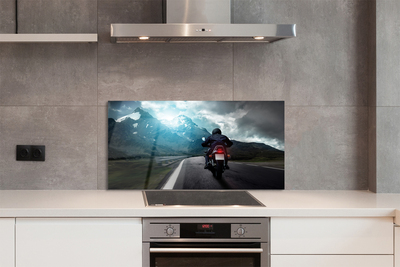 Painel de vidro Motocicleta montanhas estrada homem céu