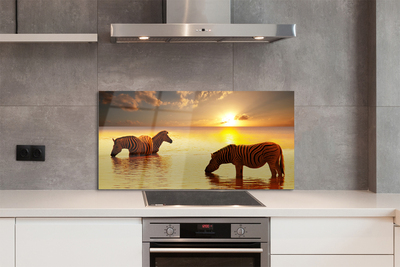 Painel de vidro Zebras na água do pôr do sol