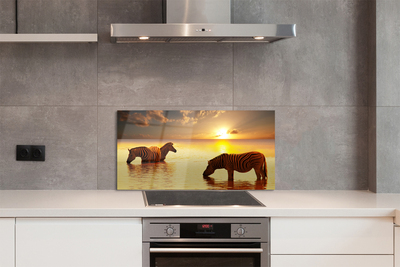 Painel de vidro Zebras na água do pôr do sol