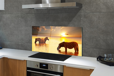 Painel de vidro Zebras na água do pôr do sol