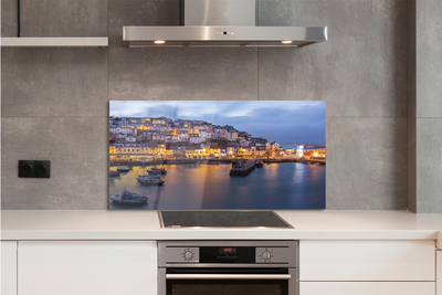 Painel de vidro Cidade à noite mar navio