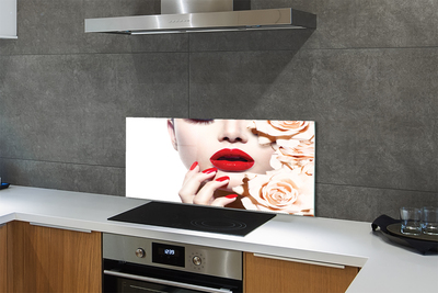 Painel de vidro Mulher rosas lábios vermelhos