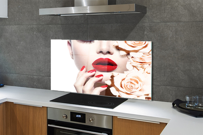 Painel de vidro Mulher rosas lábios vermelhos