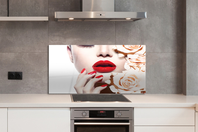 Painel de vidro Mulher rosas lábios vermelhos