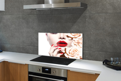 Painel de vidro Mulher rosas lábios vermelhos