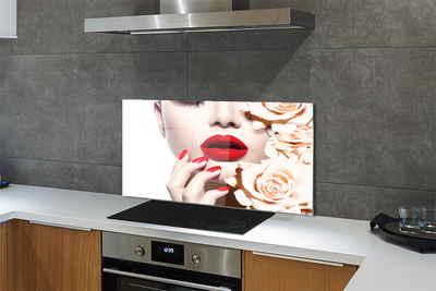 Painel de vidro Mulher rosas lábios vermelhos