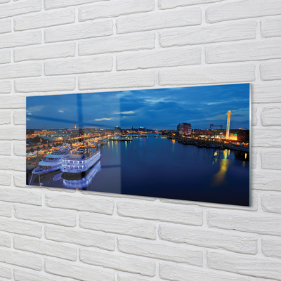 Painel de vidro Navio mar cidade céu noturno