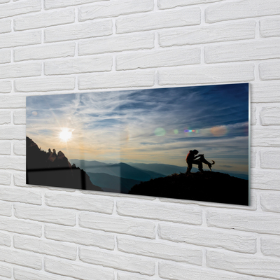 Painel de vidro Homem, cachorro, montanha