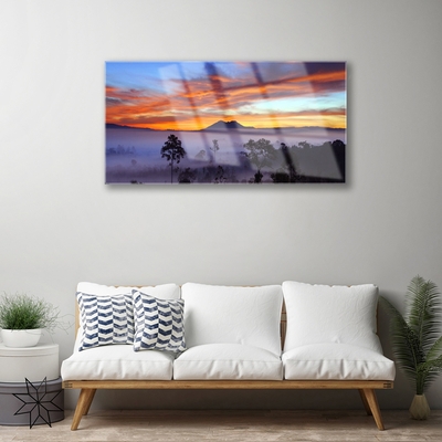 Pintura acrílica Paisagem de árvores e neblina