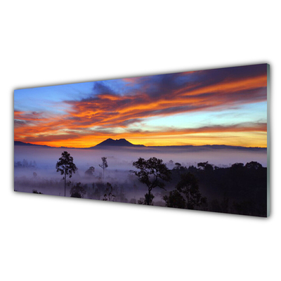 Pintura acrílica Paisagem de árvores e neblina