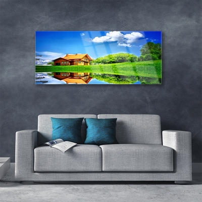 Quadro acrílico Casa Lago Grama Natureza