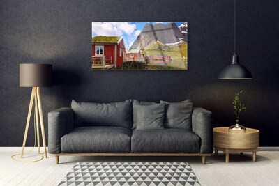 Pintura acrílica Casas Lago Montanhas Paisagem