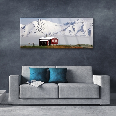 Pintura acrílica Paisagem de casa de montanha com neve