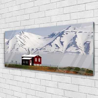 Pintura acrílica Paisagem de casa de montanha com neve