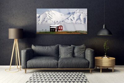 Pintura acrílica Paisagem de casa de montanha com neve
