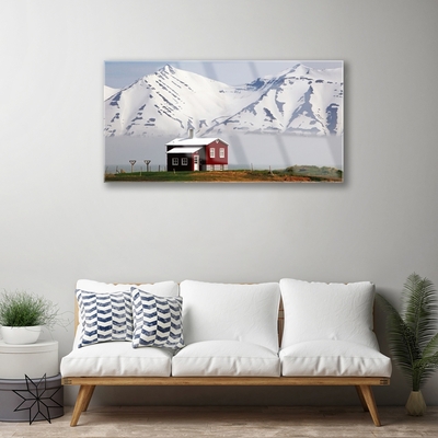 Pintura acrílica Paisagem de casa de montanha com neve
