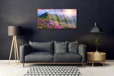 Quadro acrílico Montanhas Prado Flores Paisagem