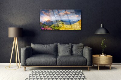 Pintura acrílica Paisagem de prados de sol e montanhas