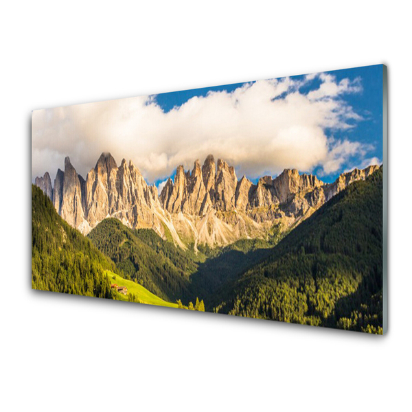 Quadro acrílico Picos de montanhas Nuvens Florestas Prados