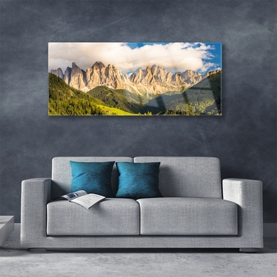 Quadro acrílico Picos de montanhas Nuvens Florestas Prados
