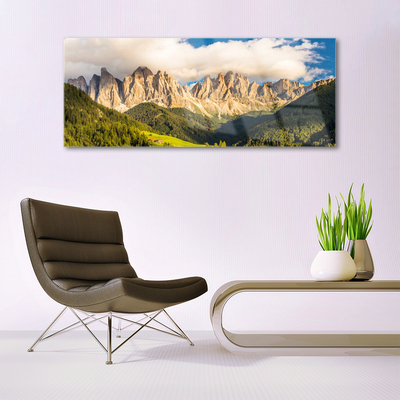Quadro acrílico Picos de montanhas Nuvens Florestas Prados