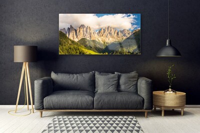 Quadro acrílico Picos de montanhas Nuvens Florestas Prados