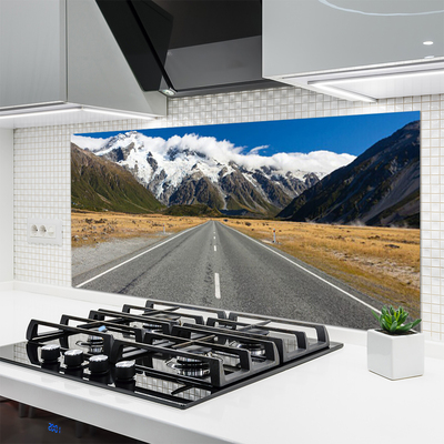 Painel vidro cozinha Estrada Montanhas Neve Paisagem