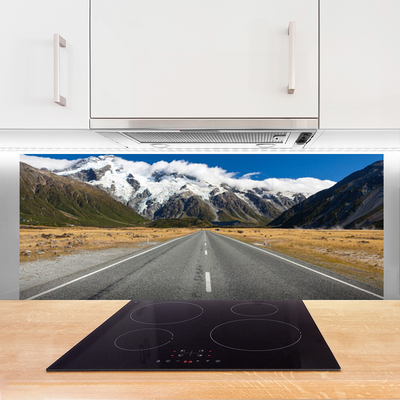 Painel vidro cozinha Estrada Montanhas Neve Paisagem