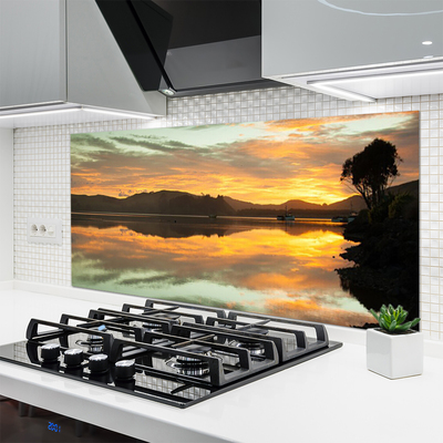 Painel vidro cozinha Água Céu Montanhas Paisagem