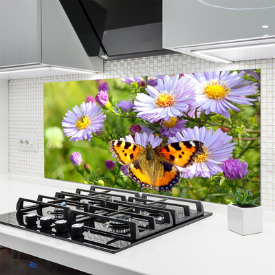 Painel vidro cozinha Flores Borboleta Planta Natureza