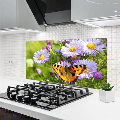 Painel vidro cozinha Flores Borboleta Planta Natureza