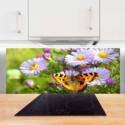 Painel vidro cozinha Flores Borboleta Planta Natureza