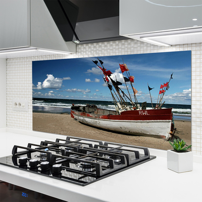 Painel vidro cozinha Paisagem de barco de praia e mar